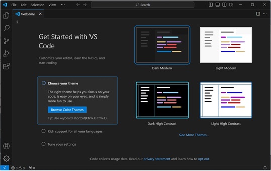VSCodeインストール。テーマ選択画面。