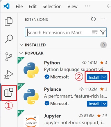 VSCodeインストール。Python拡張機能拡張インストール画面